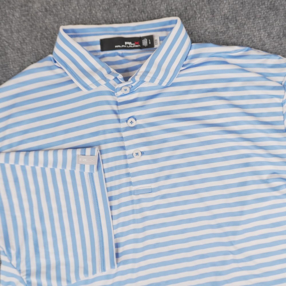 RLX Ralph Lauren Polo Shirt Mens Large Blue Stripe Performance Golf Short Sleeve